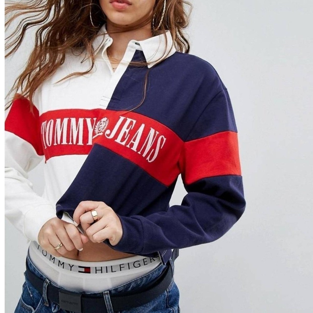 Tommy Jeans Colorblock Rugby Shirt Navy White Red Long Sleeve Crest Logo L